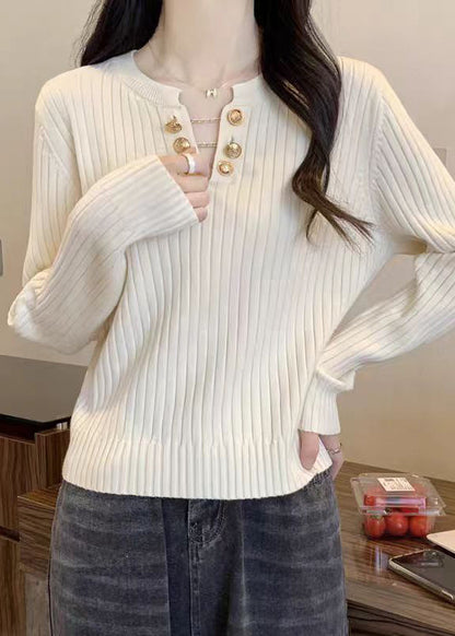 Boutique White V Neck Cotton Knit Sweater Spring