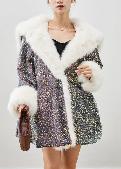 Grey Sequins Warm Faux Fur Velour Hoodie Coat Winter