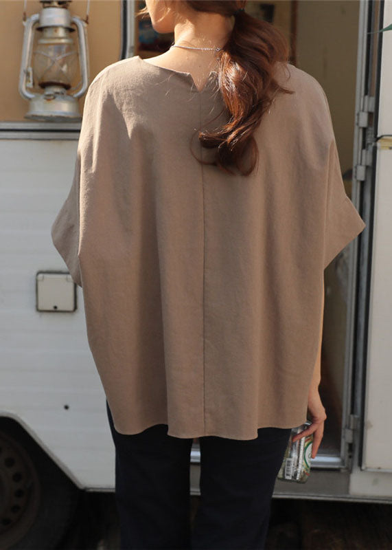 Light Camel O Neck Patchwork Cotton T Shirt Half Sleeve