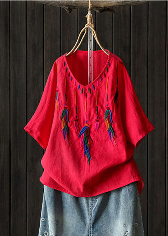 Classy Red Embroideried Low High Design V Neck Linen Shirt Top Short Sleeve