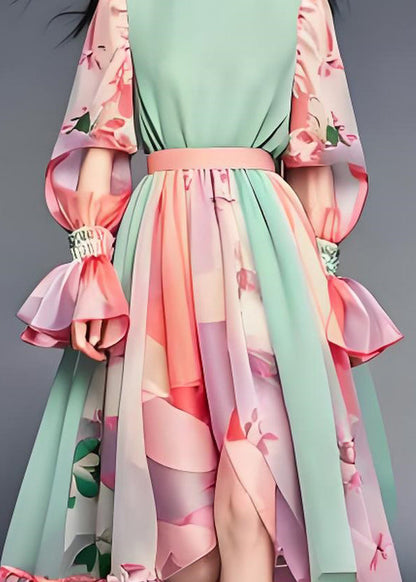 Colorblock Ruffled Print Patchwork Chiffon Dresses Long Sleeve