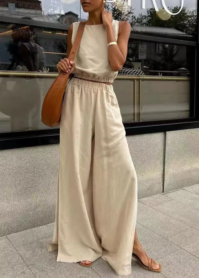 Boutique Apricot Side Open Linen Vests and Straight Pants Two Pieces Set Sleeveless