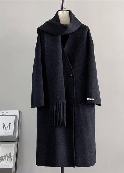 White V Neck Pockets Scarf Woolen Coat Winter