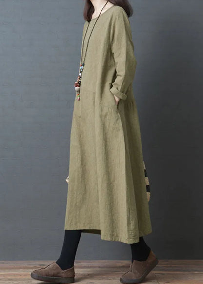 Stylish Green O-neck Patchwork Linen Dresses Spring