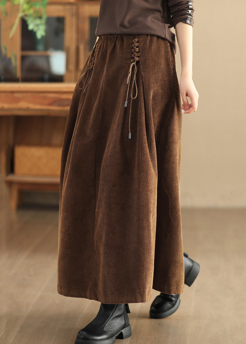 Coffee Lace Up Corduroy Skirts High Waist