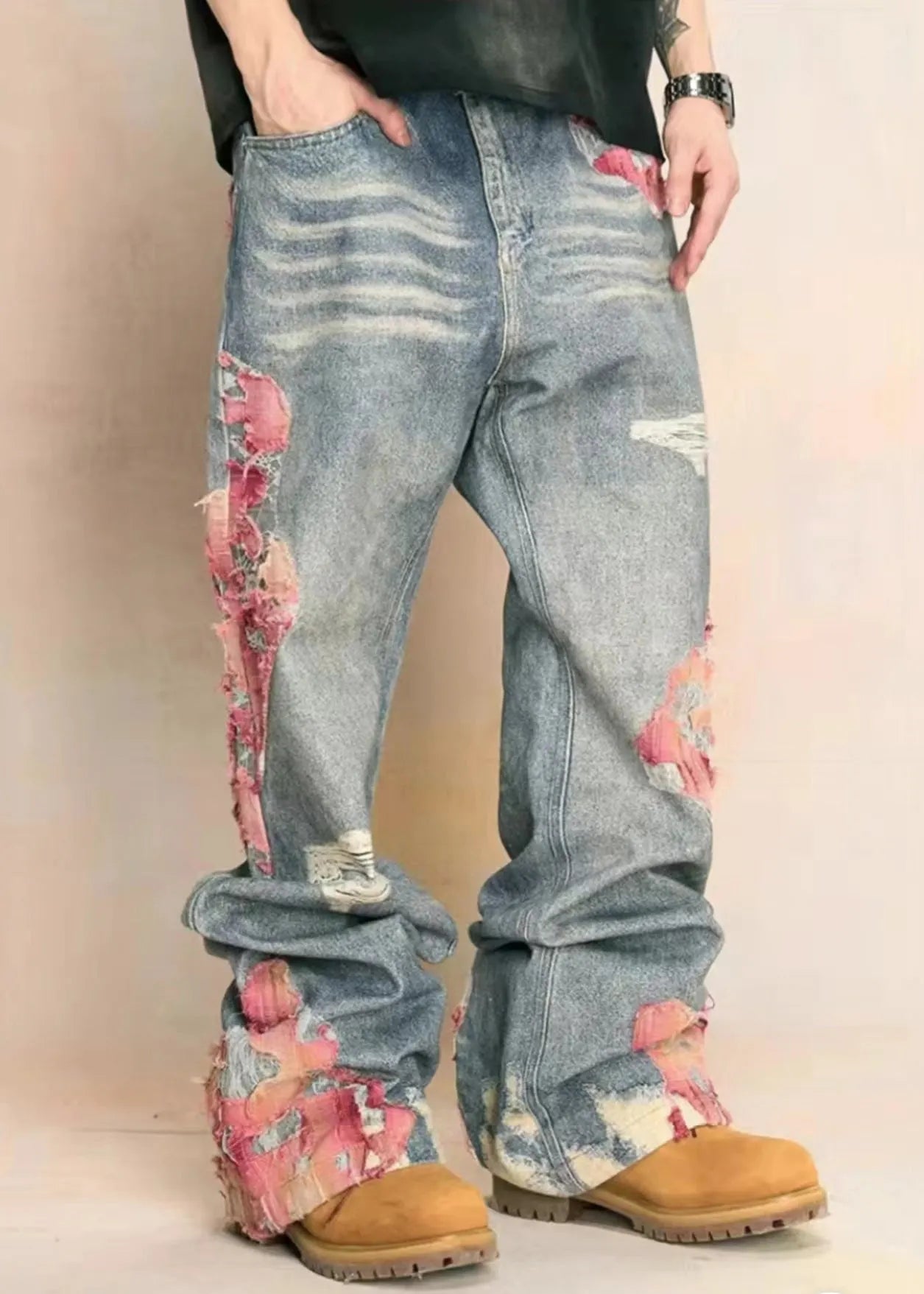 Blue Print Pockets High Waist Denim Pants Fall