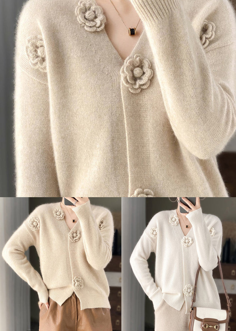Handmade Beige V Neck Crochet Cashmere Knit Cardigan Spring