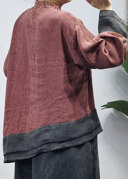 Style Red Stand Collar Asymmetrical Patchwork Linen Shirt Top Long Sleeve