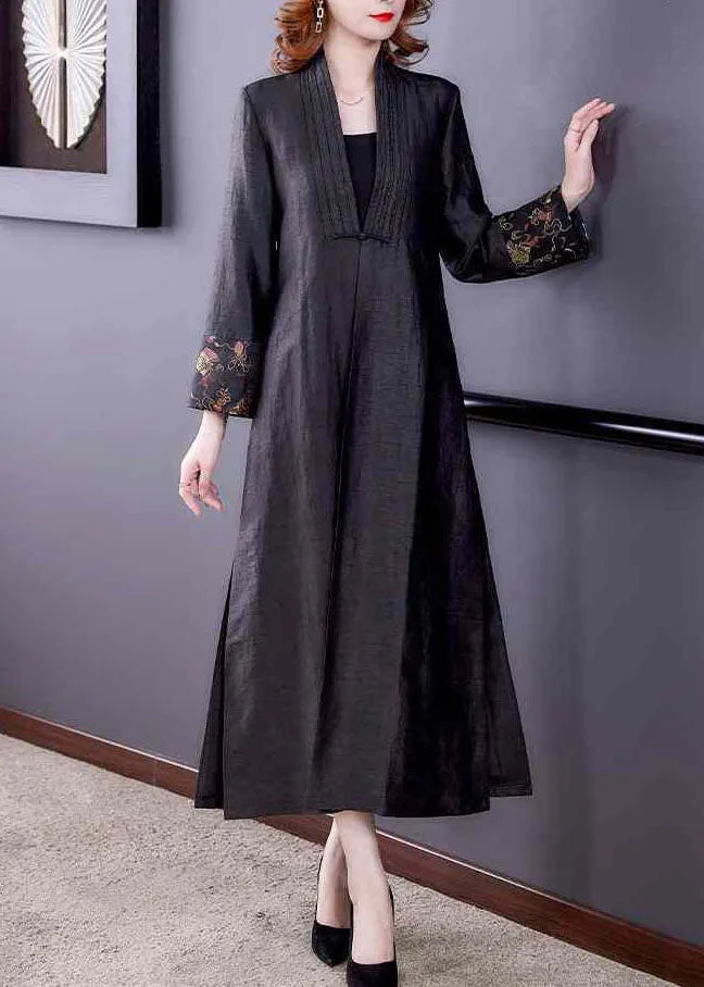 Black V Neck Patchwork Side Open Silk Trench Coats Fall
