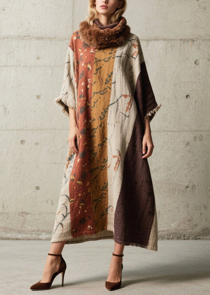 Oversized Print Cotton Long Dress Batwing Sleeve