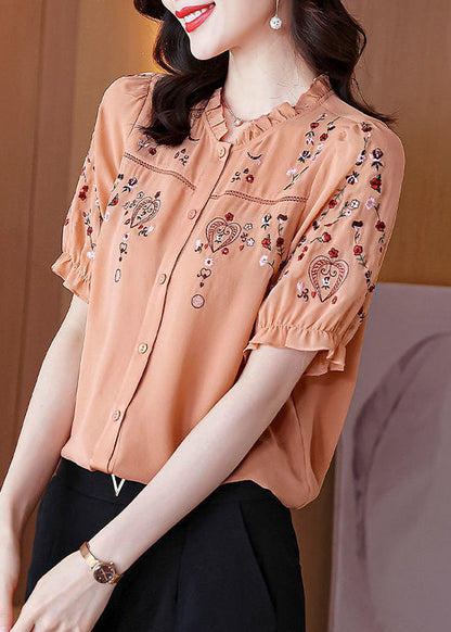Pink Ruffled Embroidered Silk Shirt Summer