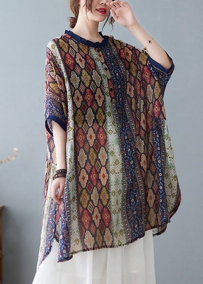Colorblock Ruffled Print Cotton Tops Summer