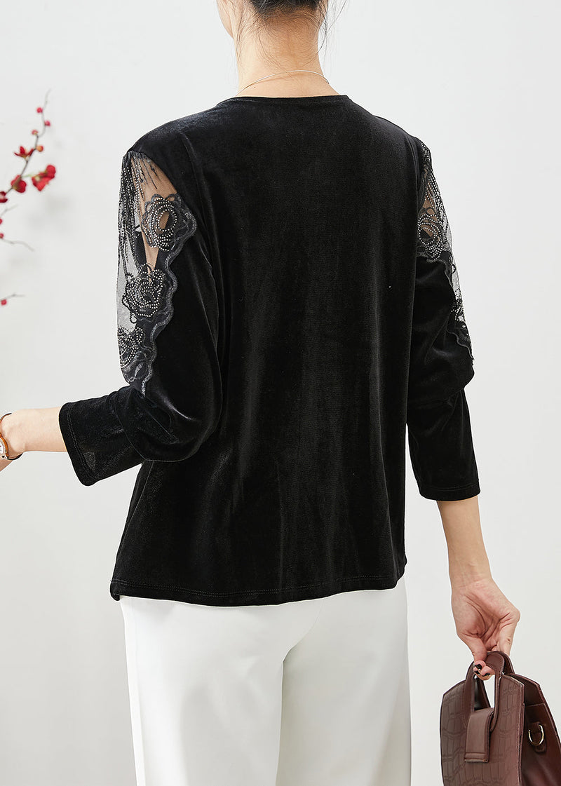 Black V Neck Hollow Out Silk Velour Blouses Fall