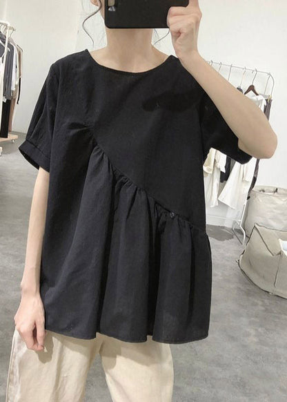 Grey O-neck Asymmetrical Wrinkled Top Short Sleeve