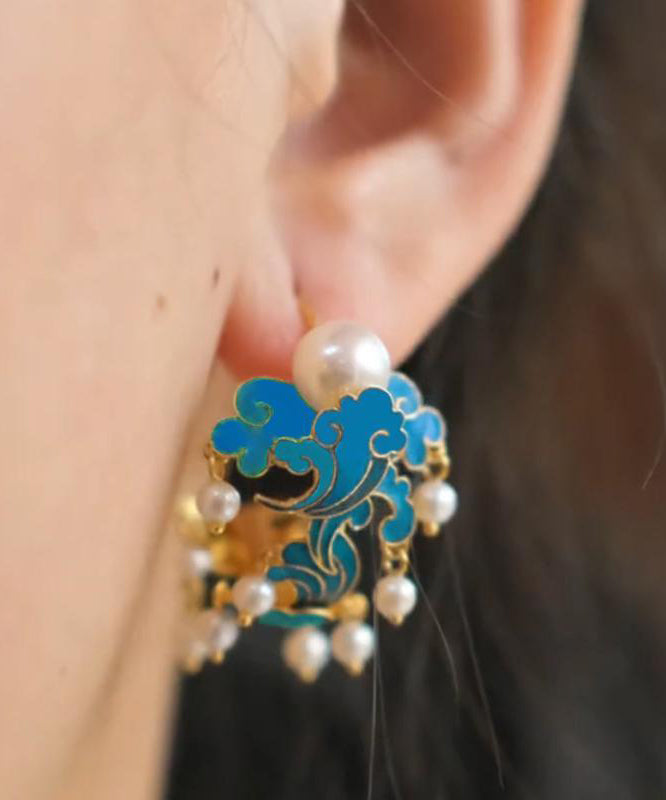 Blue Sterling Silver Cloisonne Enamel Pearl Tassel Hoop Earrings