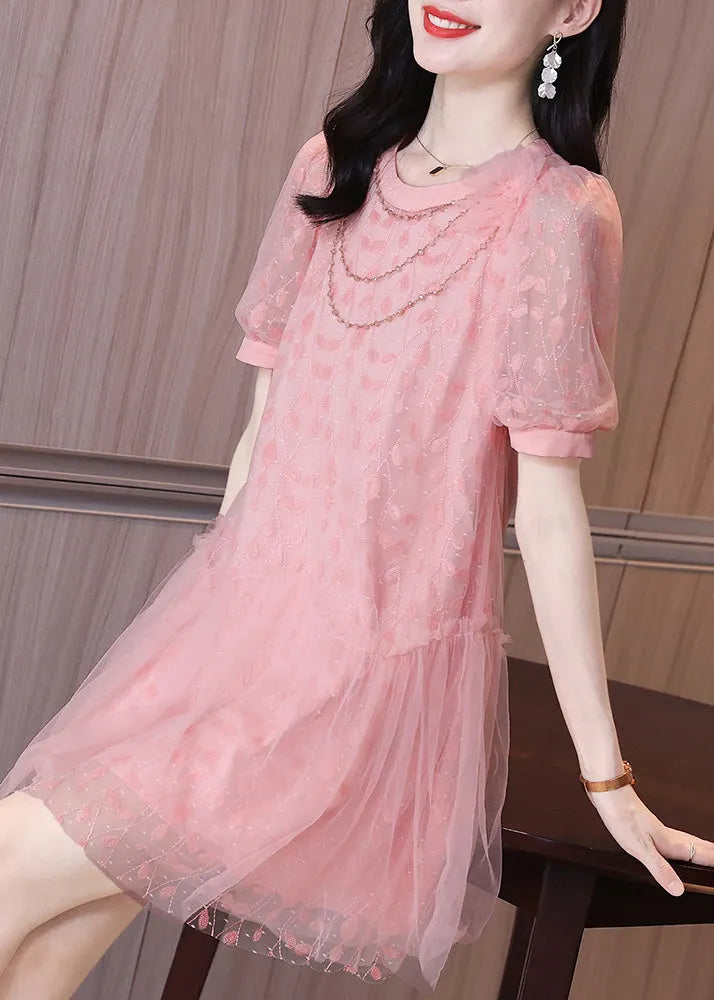 Art Pink Ruffled Patchwork Tulle Party Mid Dress Short Sleeve