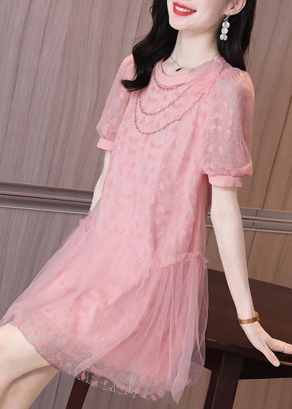 Art Pink Ruffled Patchwork Tulle Party Mid Dress Short Sleeve