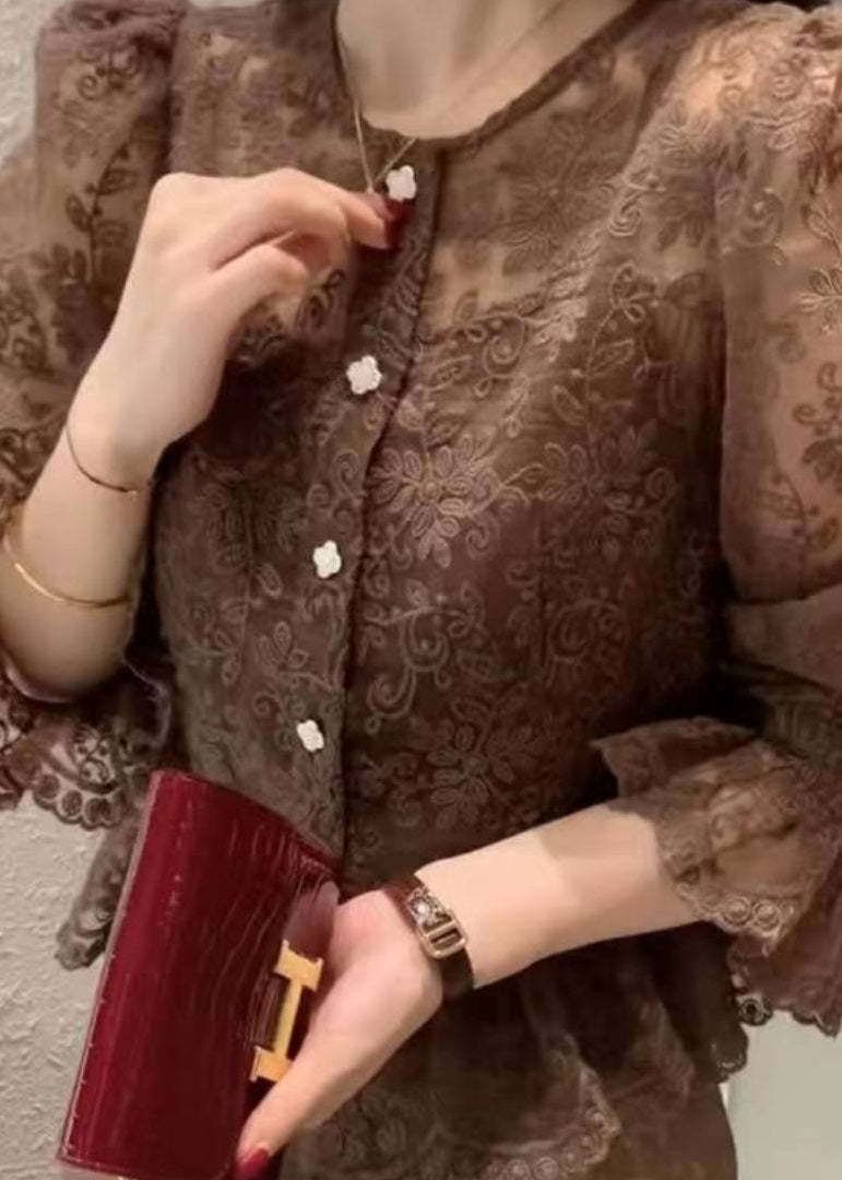 Chocolate Lace Coat Spaghetti Strap Top Sets Two Pieces Ruffled Flare Sleeve