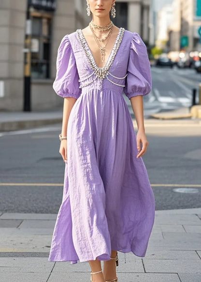 Diy Purple Puff Sleeve Nail Bead Cotton Dress Summer