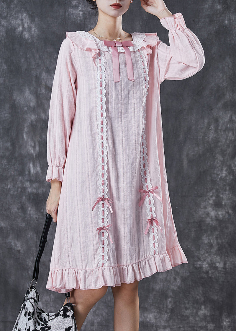 Fitted Pink Ruffled Patchwork Bow Cotton Long Dress Spring