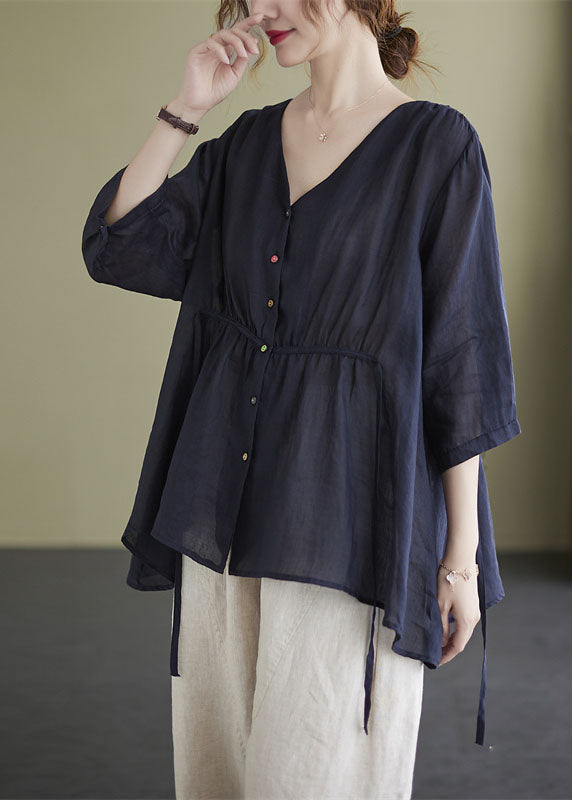 Navy Loose Button Tie Waist Asymmetrical Design Fall Three Quarter Sleeve Shirt Top