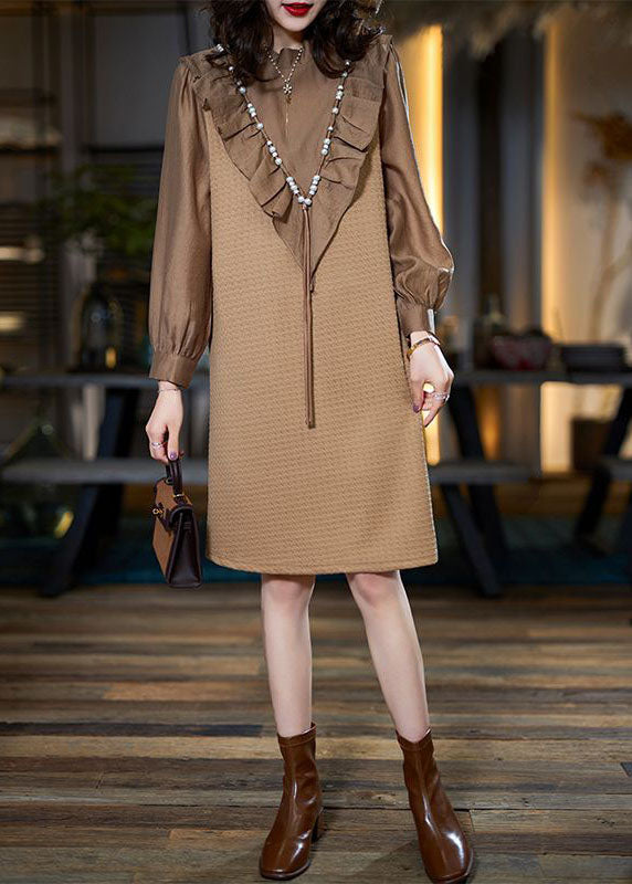 Fine Khaki O Neck Nail Bead Patchwork Ruffled Cotton Dresses Spring