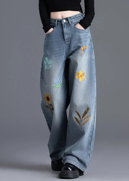 Boutique Blue Embroidered Denim Straight Pants Spring