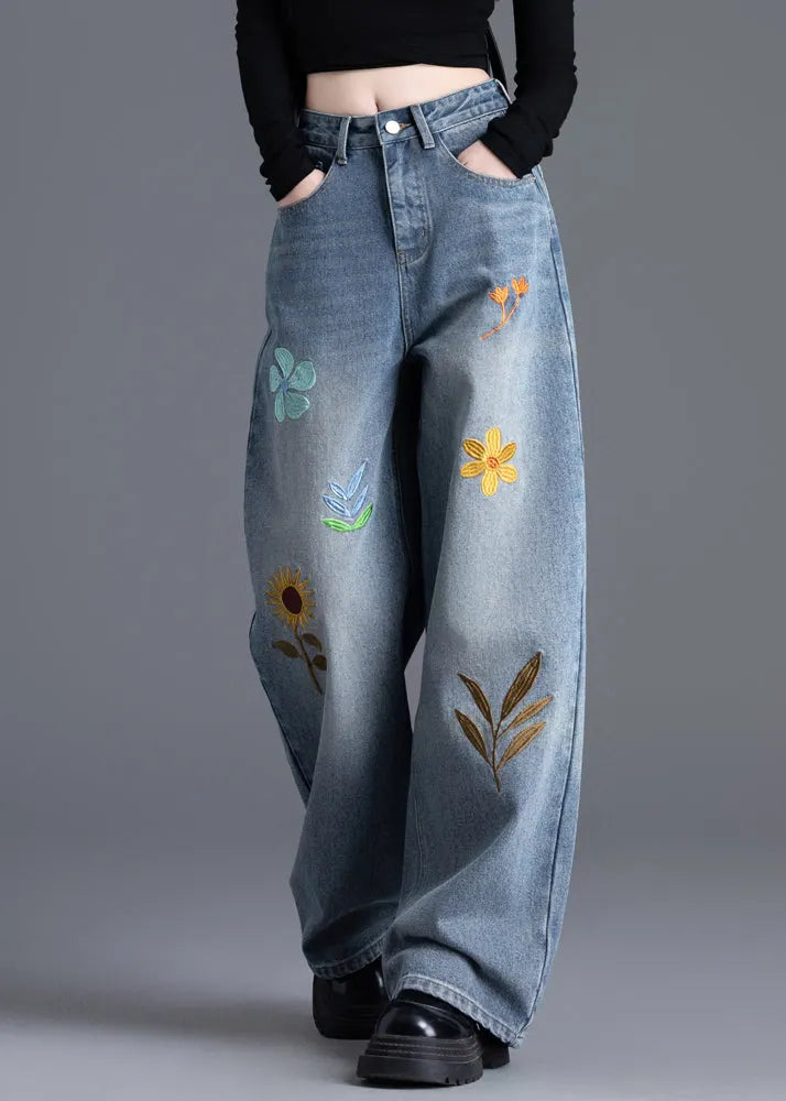 Boutique Blue Embroidered Denim Straight Pants Spring