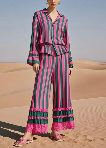 Multicolour Striped Patchwork Lace Two Piece Suit Set Spring