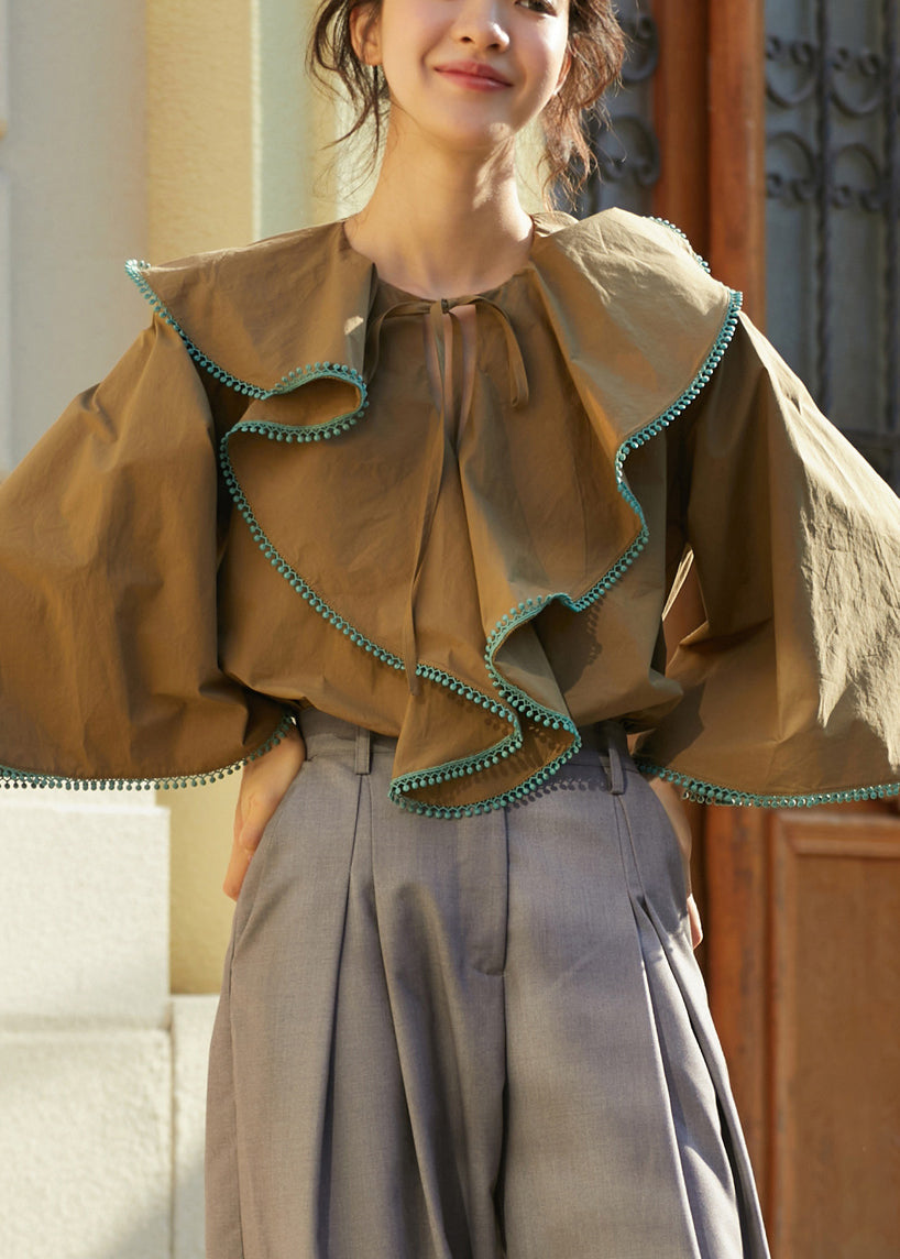 Khaki V Neck Ruffled Patchwork Cotton Shirts Fall