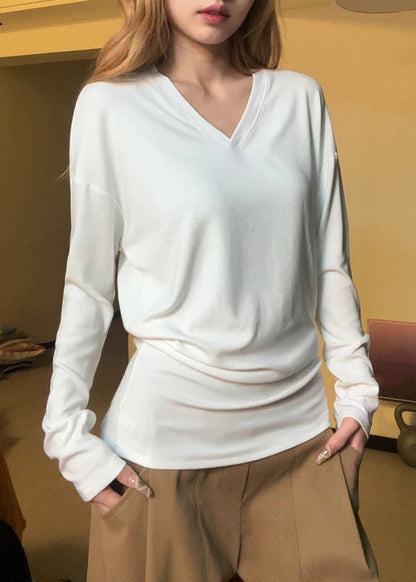 Simple Orange V Neck Cotton T Shirt Fall