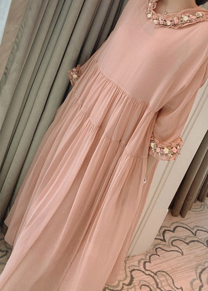 Simple Pink Wrinkled Hoold Silk Maxi Dresses Flare Sleeve