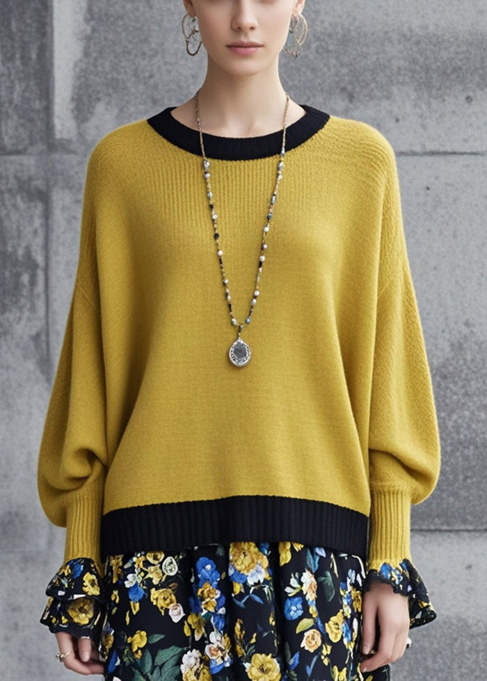 Yellow Oversized Patchwork Knit Sweaters Fall