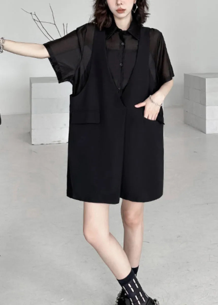 New Black Peter Pan Collar False Two Pieces Patchwork Dresses Summer
