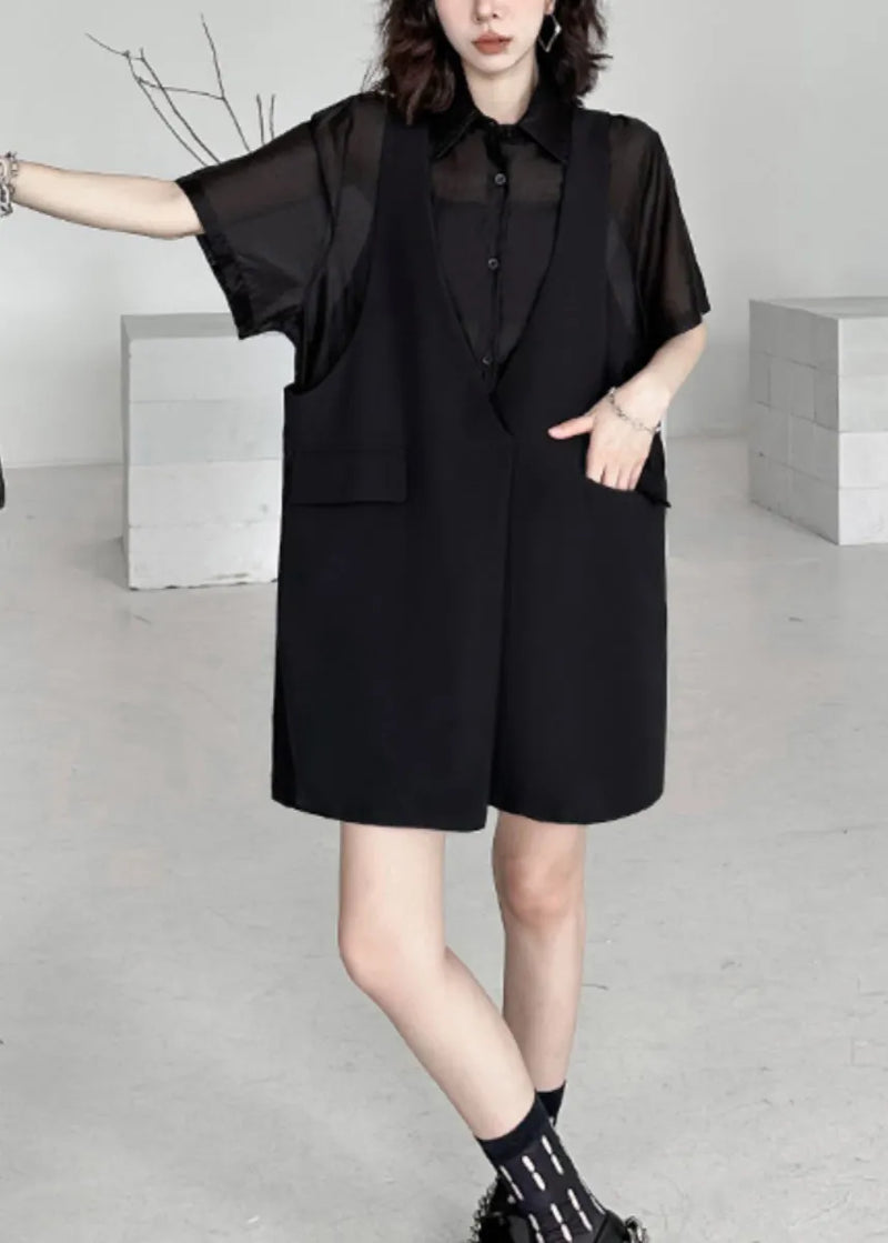 New Black Peter Pan Collar False Two Pieces Patchwork Dresses Summer