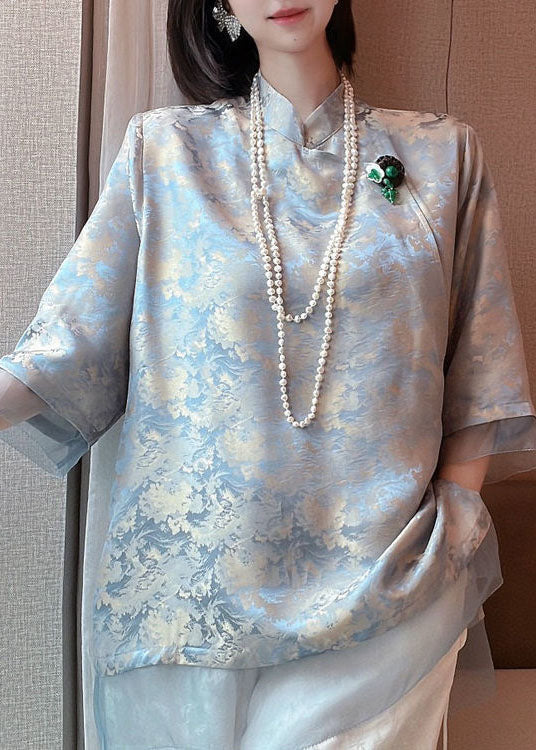 Original Design Light Blue Tulle Patchwork Jacquard Cotton Blend Shirts Half Sleeve