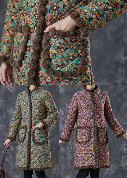 Art Green Oversized Print Warm Fleece Coat Winter