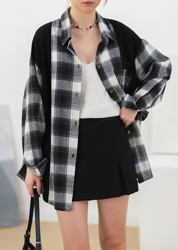 Black Plaid Button Patchwork Cotton Shirt Fall