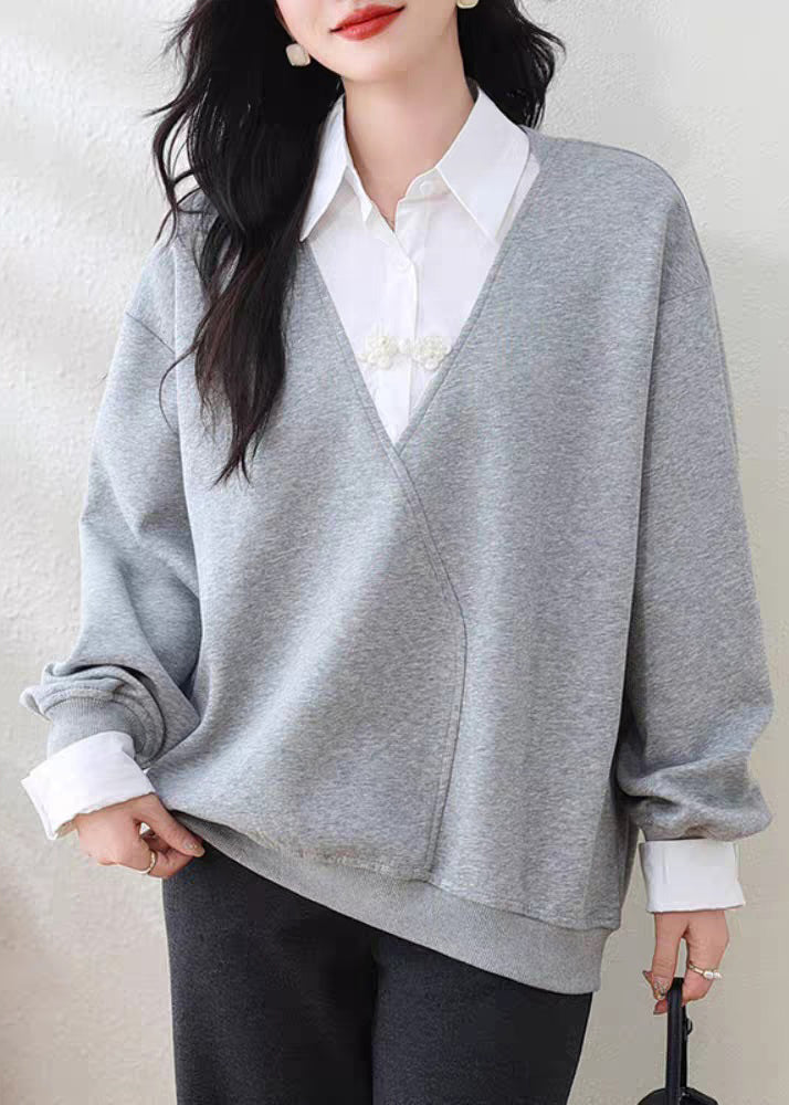 Grey Peter Pan Collar False Two Pieces Patchwork Cotton Sweatshirt Fall