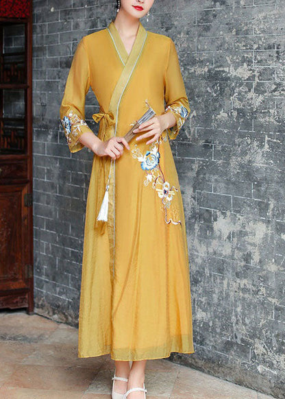 Yellow V Neck Embroideried Patchwork Silk Dress Summer