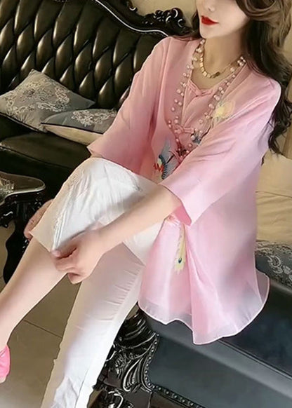 Fine Pink O-neck Embroideried Button Silk Shirt Summer