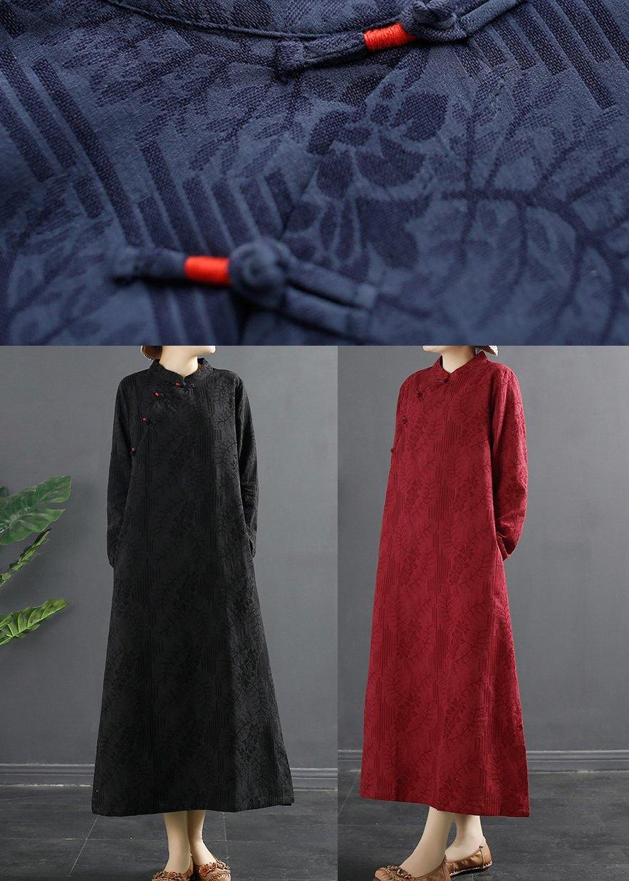 Handmade Stand Collar Quilting Dresses Shape Black Jacquard Traveling Dress