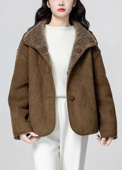 Brown Pockets Wear on Both Sides Fluffy Faux Suede Coats Stand Collar