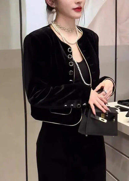 Diy Black O-neck Button Silk Velour Coats Fall