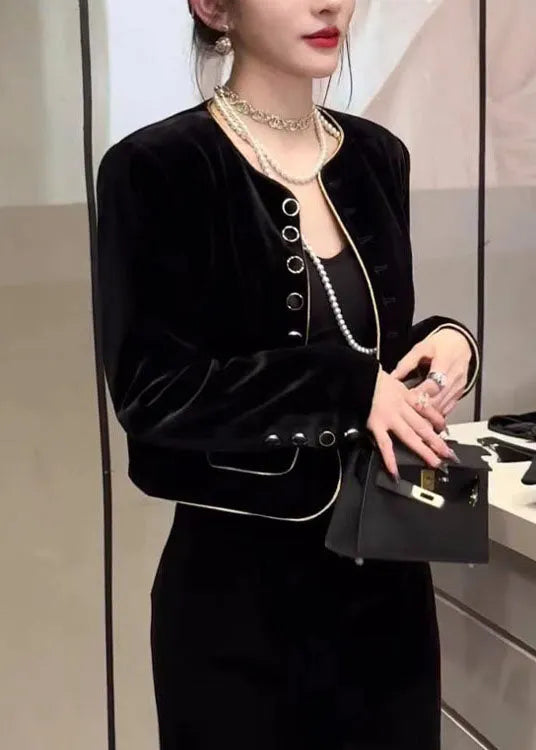 Diy Black O-neck Button Silk Velour Coats Fall
