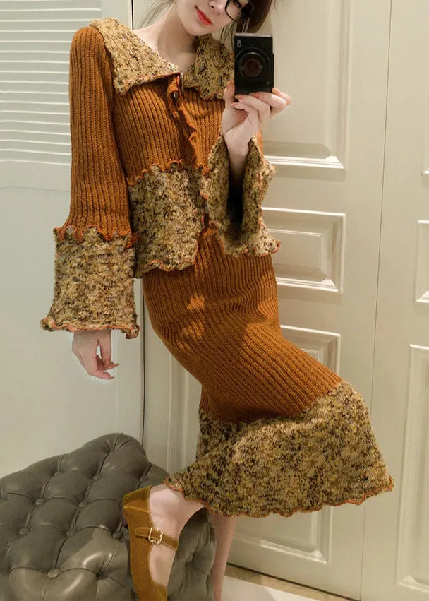 Unique Coffee Peter Pan Collar Ruffled Patchwork Cotton Knit Top and Maxi Skirts Two Pieces Set Flare Sleeve