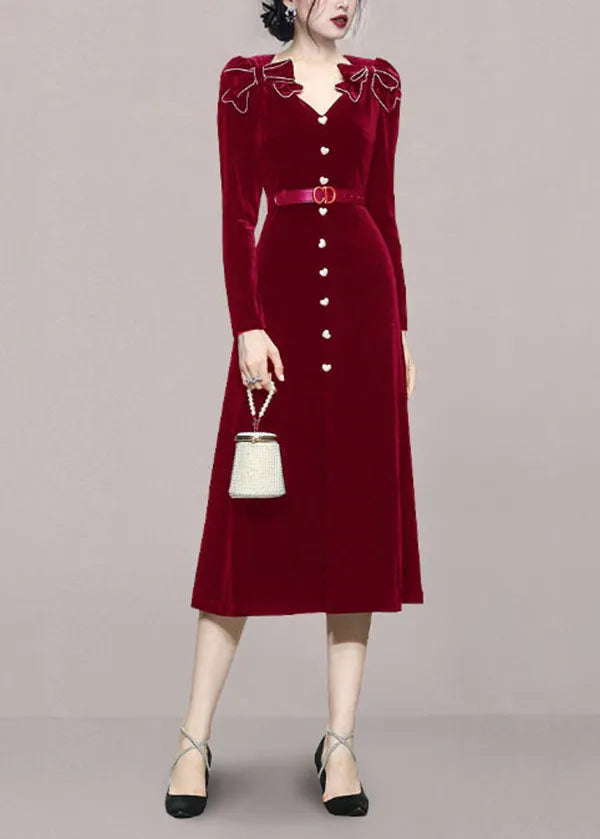 Red V Neck Bow Tie Waist Patchwork Velour Long Dress Fall