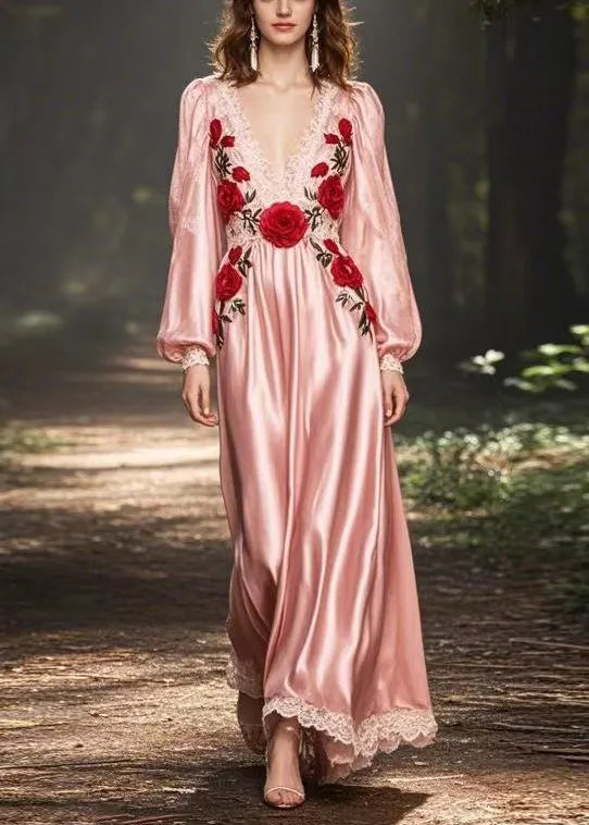 Novelty Pink V Neck Patchwork Silk Long Dress Spring