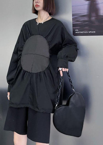 Boutique Black O-neck Patchwork Button Fall Long Sleeve Blouse Top