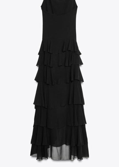 Black Ruffled Low High Design Chiffon Dresses Sleeveless